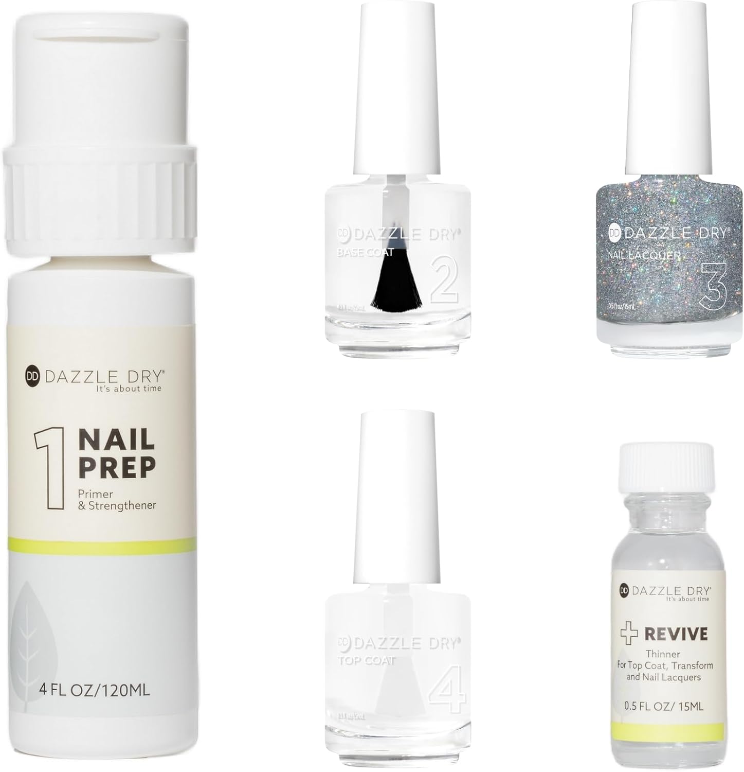 Dazzle Dry Full System Kit - Diamond - A holographic micro-glitter in a clear base. (5 Piece Kit)