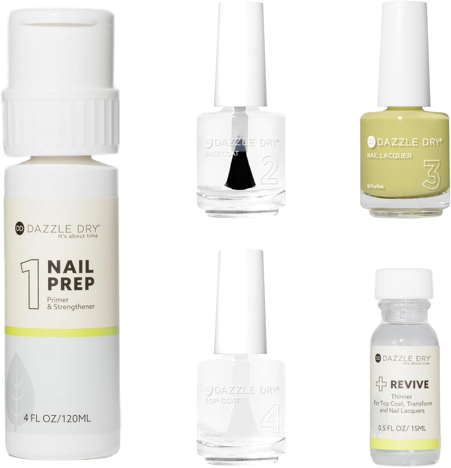 Dazzle Dry Full System Kit - Fresh Squeezed, a vibrant, greenish chartreuse yellow. Full-coverage cream. (5 Piece Kit)