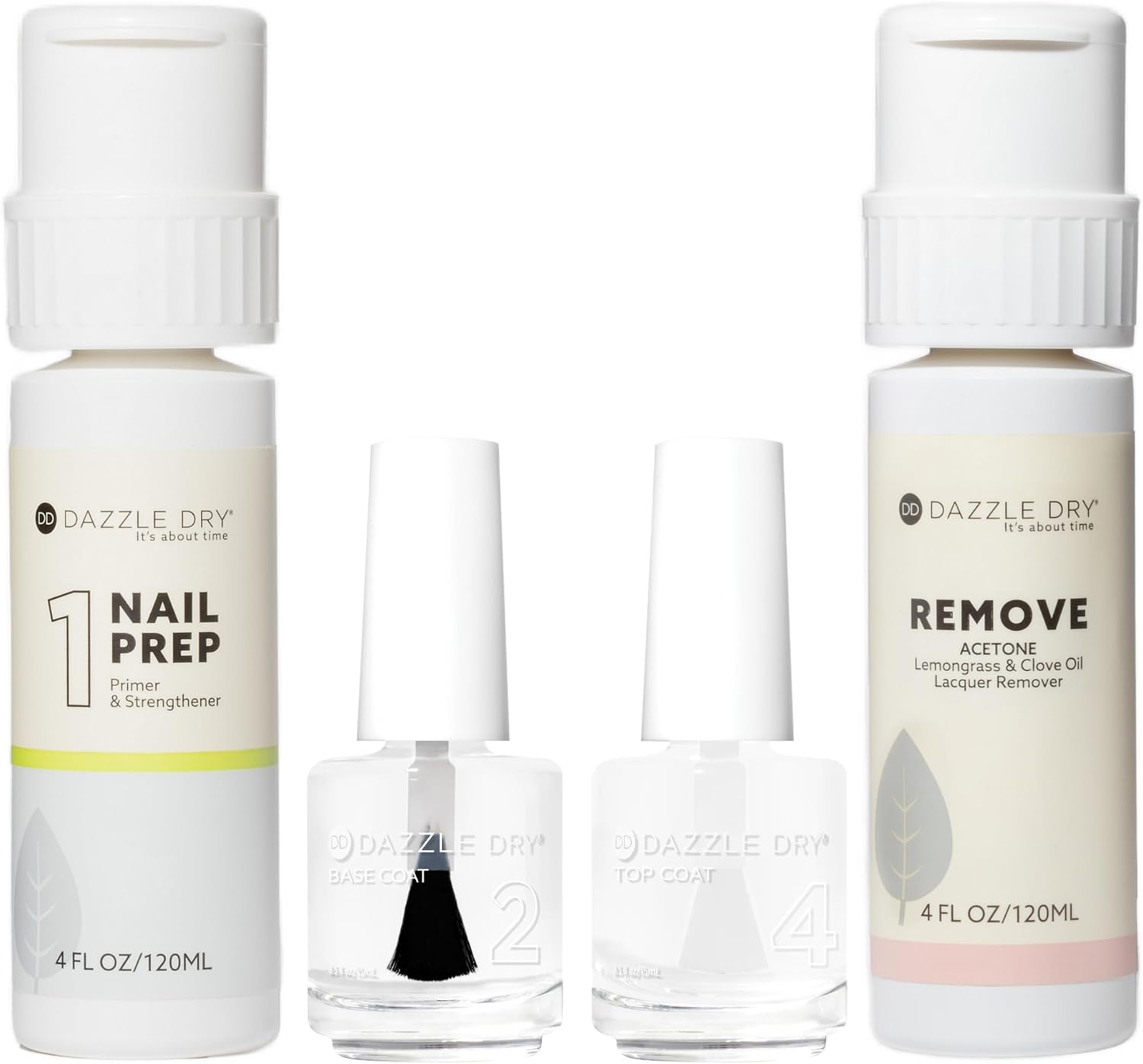 Dazzle Dry Step 1 - Nail Prep, 4 oz (120 mL) + Step 2 - Base Coat + Step 4 - Top Coat (0.5 oz 15 mL each) + Remove Acetone, Lemongrass + Clove Oil Lacquer Remover (4 oz  120 mL)