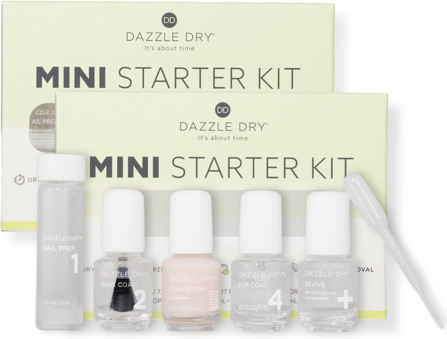 Dazzle Dry Complete Starter Mini Kit | Step 1 - Nail Prep, Step 2 - Base Coat, Step 4 - Top Coat, Transform - Ridge Filler & Revive - Polish & Top Coat Thinner. (Pack of 2)
